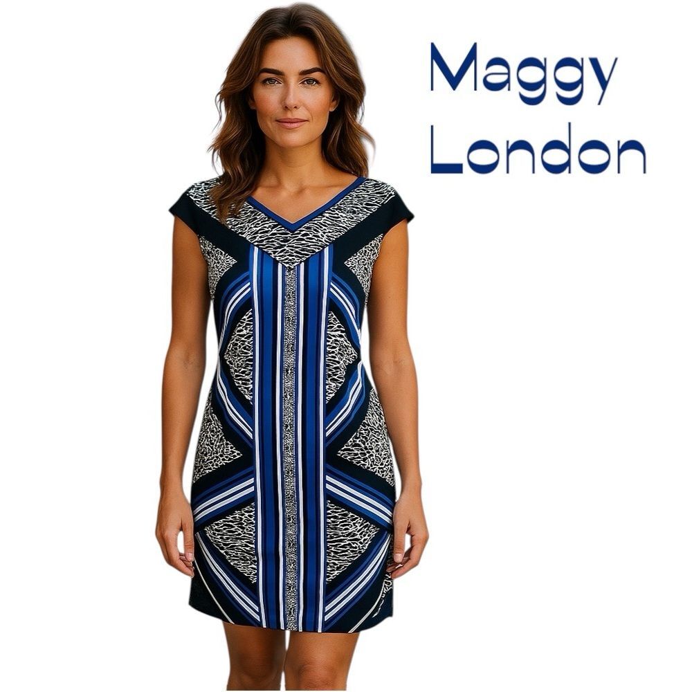 Maggie London Blue Cream Geometric Print Dress NWOT Size 8 Feminine